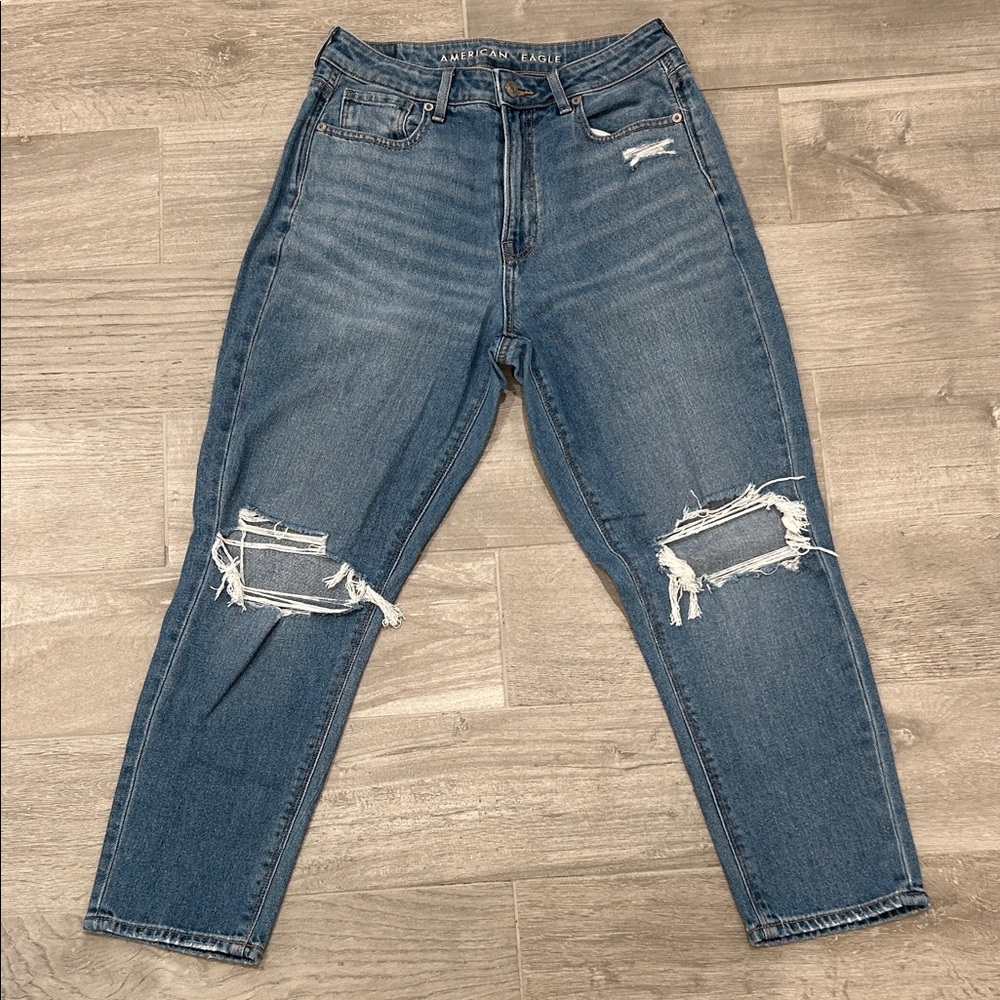 American Eagle Outfitters Boyfriend Jeans with Distressed Knees - Blue Denim